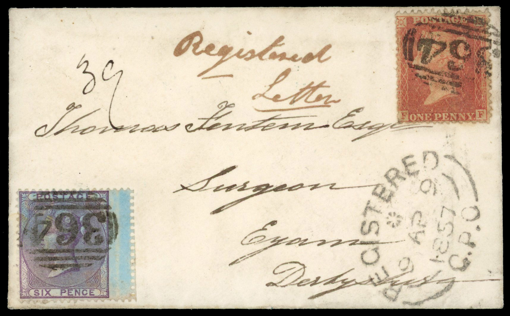 1857 Registered mail. 6d Lilac on Azure.