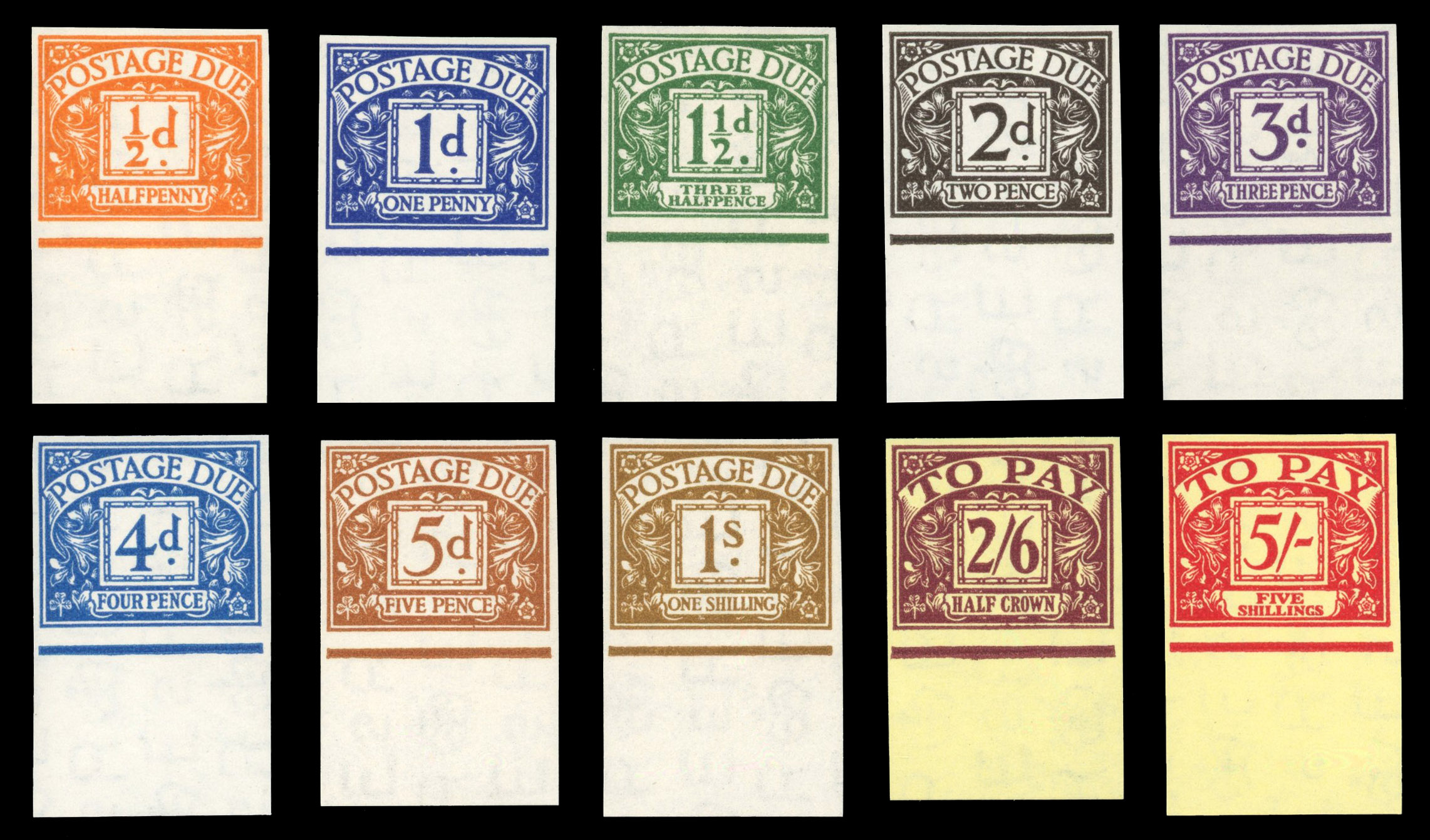 GB Postage Due. 1955-57 set of 10 to 5s, imperforate imprimaturs. SG D46/D55var
