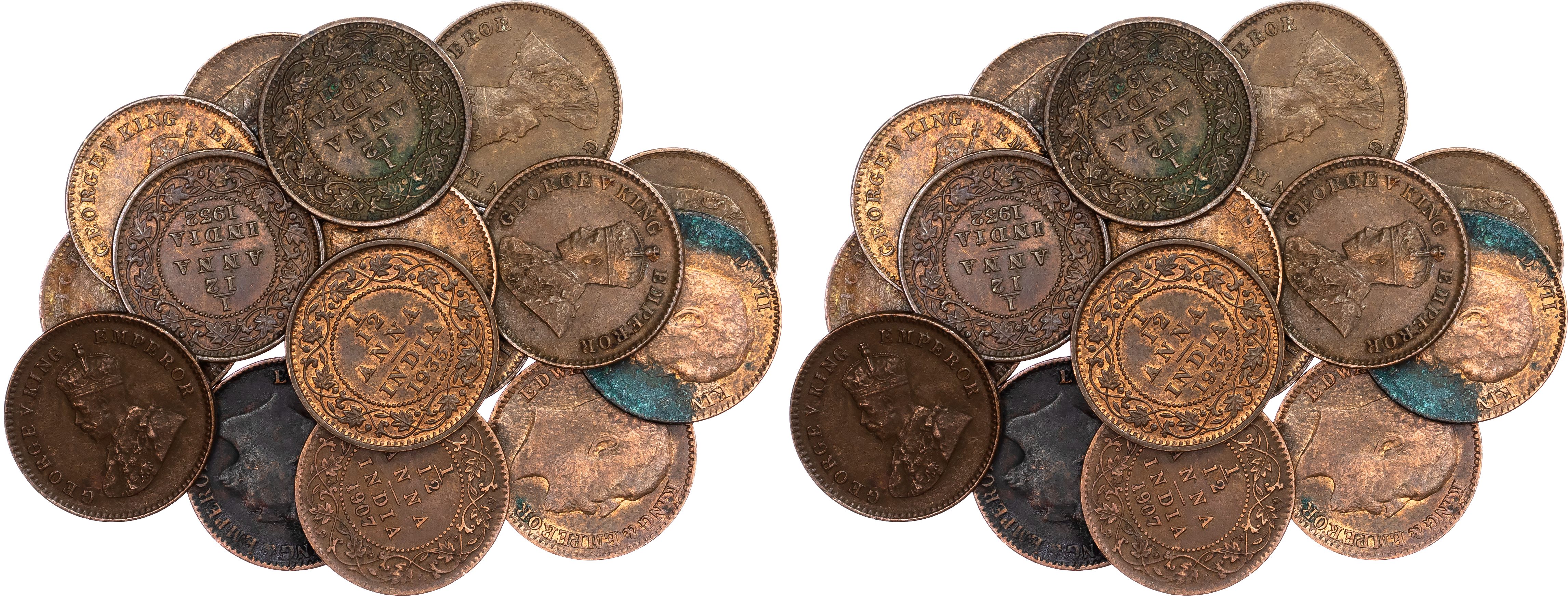 India, British Colonial. Lot of 16 x 1/12 Annas, Victoria to George V. 1897-1933. 