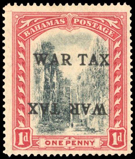 Bahamas 1918 War Tax 1d error overprint double one inverted