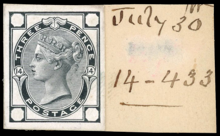 GB 1870-80 3d rose plate 14, striking book piece in black on white glazed card with void corner letters