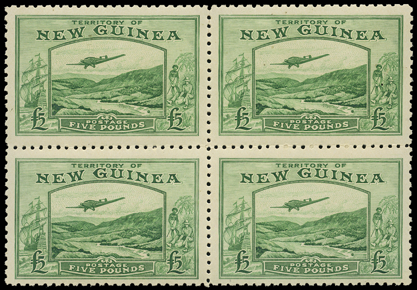 NEW GUINEA 1935 SG205 Mint unmounted Air £5 emerald-green Bulolo Goldfields block of 4