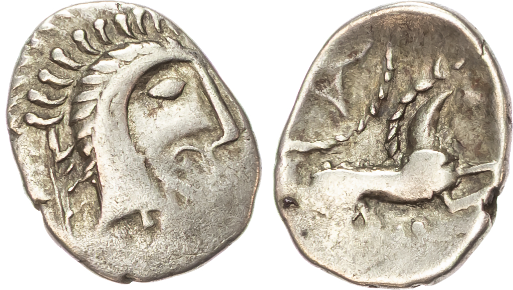 Iceni, Uninscribed (c. 20 BC-AD 10) AR Unit, ‘Norfolk God’ small head type, 1.16g. 