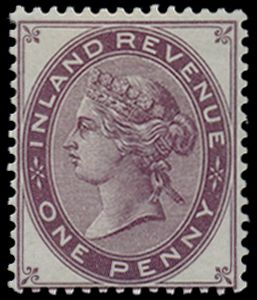 1881 1d Postal fiscal. Very fine and fresh colour trial printed in claret on gummed orb watermarked paper. Scarce. Spec....