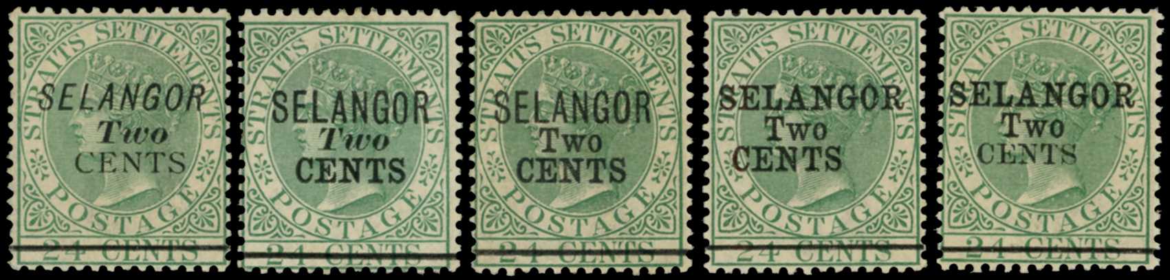 1891 2c on 24c green, set of 5 surcharges...