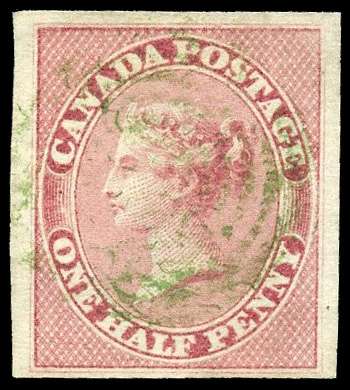 1852-57 ½d deep rose, imperf, close to very large margins, lightly cancelled