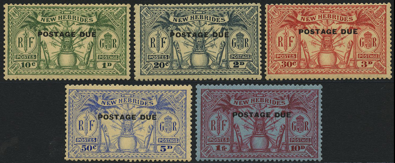 Postage Dues: 1925 1d (10c) to 10d (1f) carmine/blue (SG D1/5), light even gum toning, u/m, cat...
