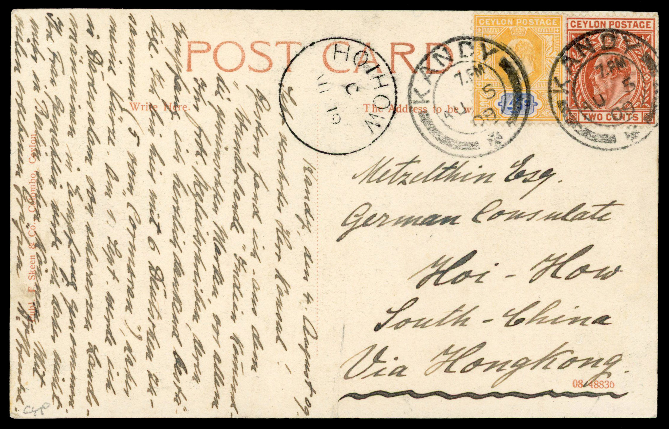 TREATY PORTS: picture postcard of Kandy Lake addressed to German Consulate at Hoi-How