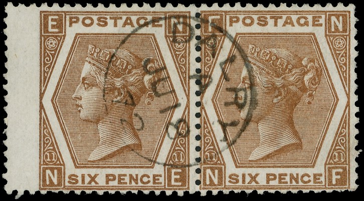 1872 6d Chestnut Pl.11. Pair showing broken 11 variety