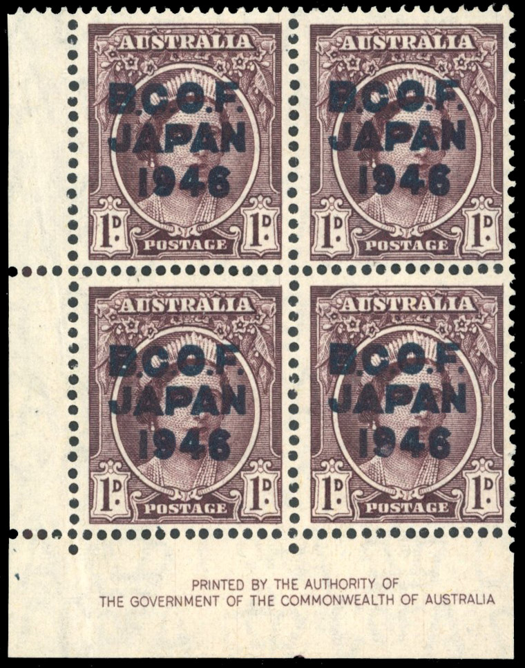 Australia BCOF SG J2a 1d blue-black overprint imprint block mint