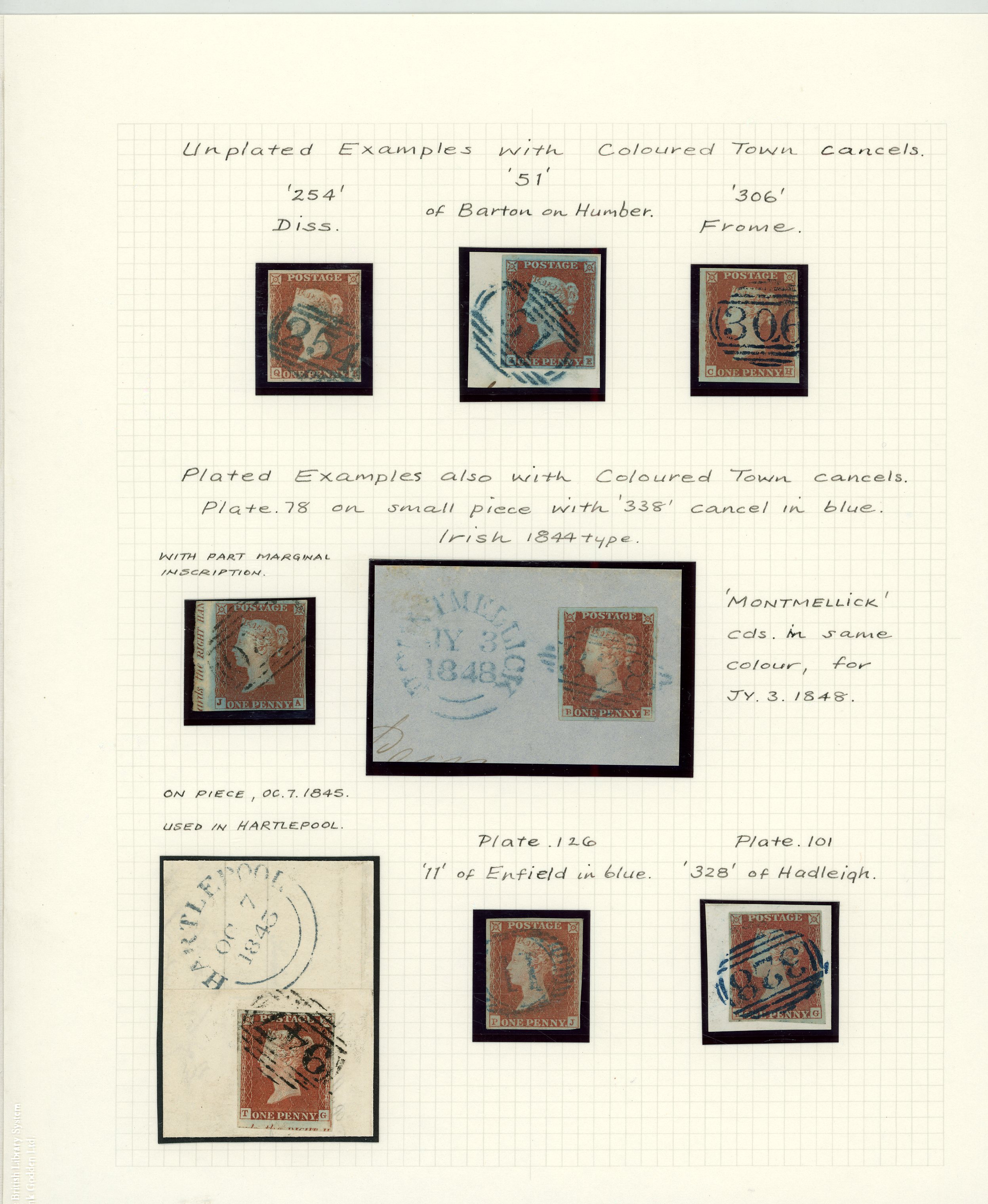 1841 1d Red-brown. group of blue numerals