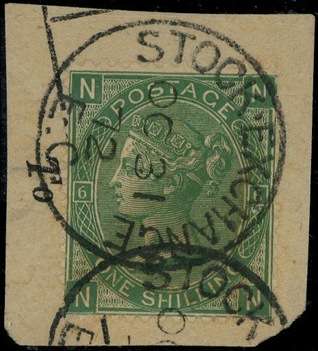 1872 1s Green Pl.6 'Stock exchange forgery'.