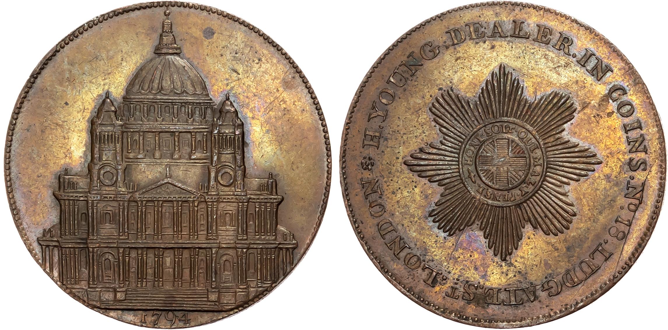 London, Ludgate Hill, Henry Young (goldsmith & jeweller), Penny, 1794, Front view of St. Paul’s, rev . Star and garter,  …