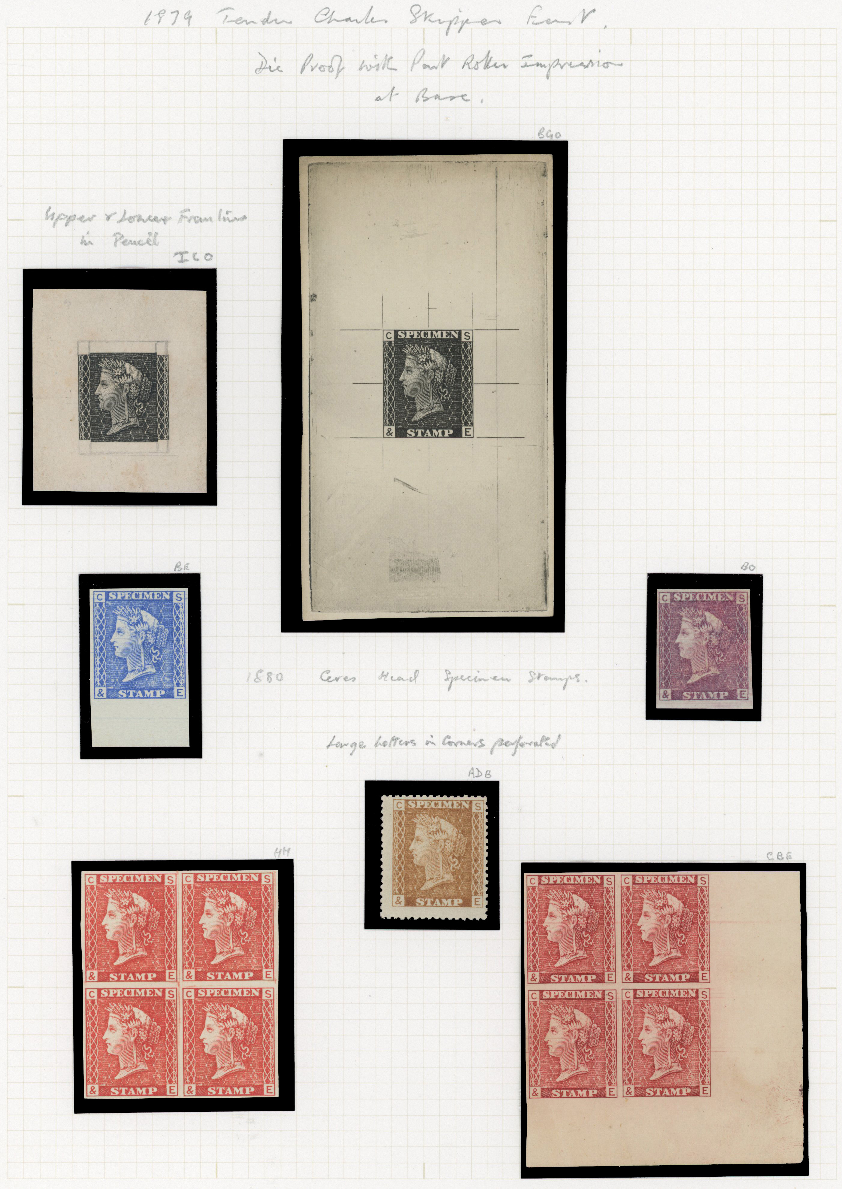 1879 Charles Skipper & East Tender Essays (Ceres Head). 2x Die proofs and mores