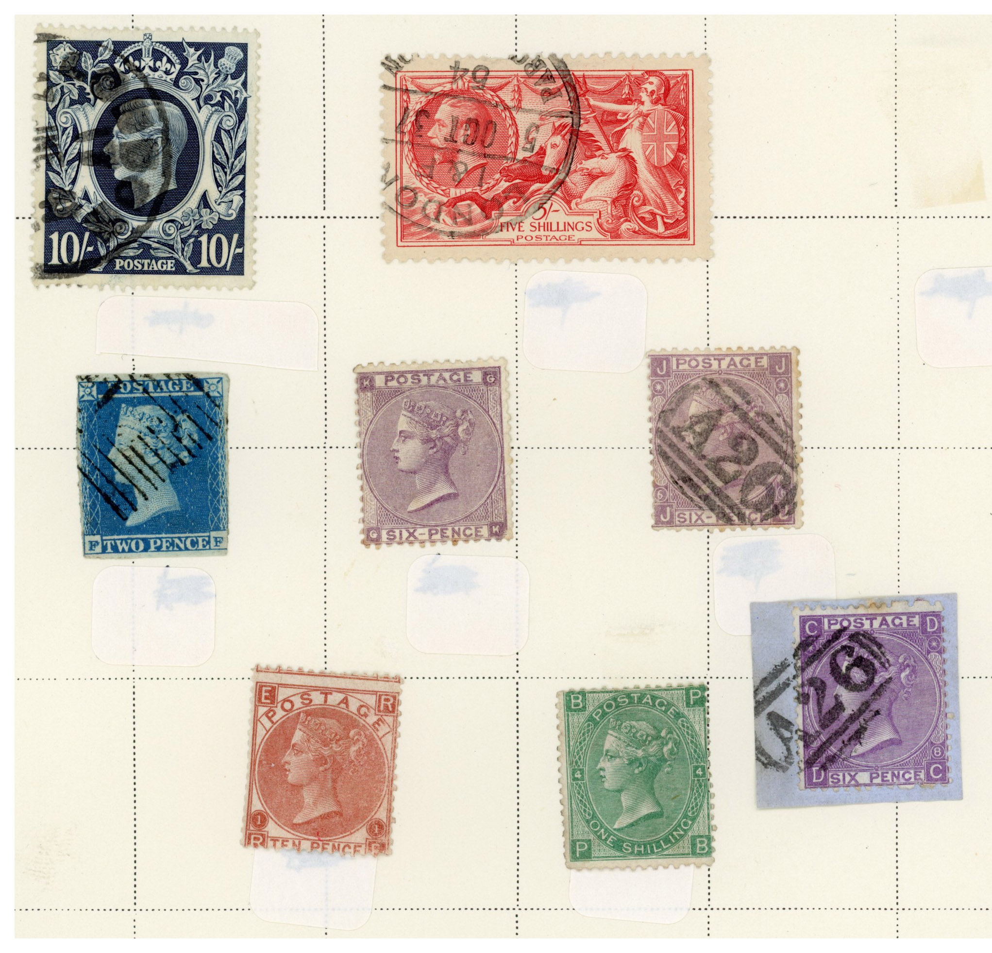Mint and used on album leaves including mint GB 1857 6d lilac unused, 1865 10d red-brown, 1s green