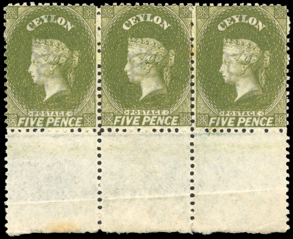 Ceylon SG 66b 1869 5d olive-green strip of three mint