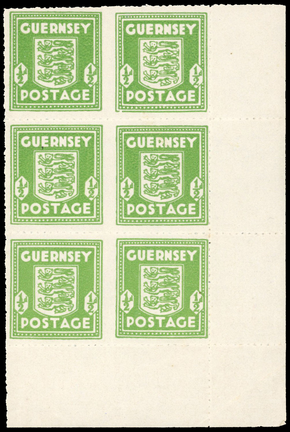 1944 ½d Pale yellow-green, Guernsey ‘Arms’ issue. Block of 6, 3x imperf between horiz pairs