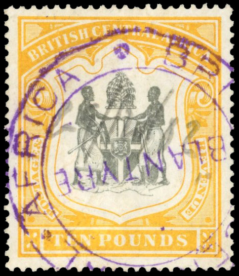 Nyasaland SG 52 1897 £10 black and yellow fiscally used