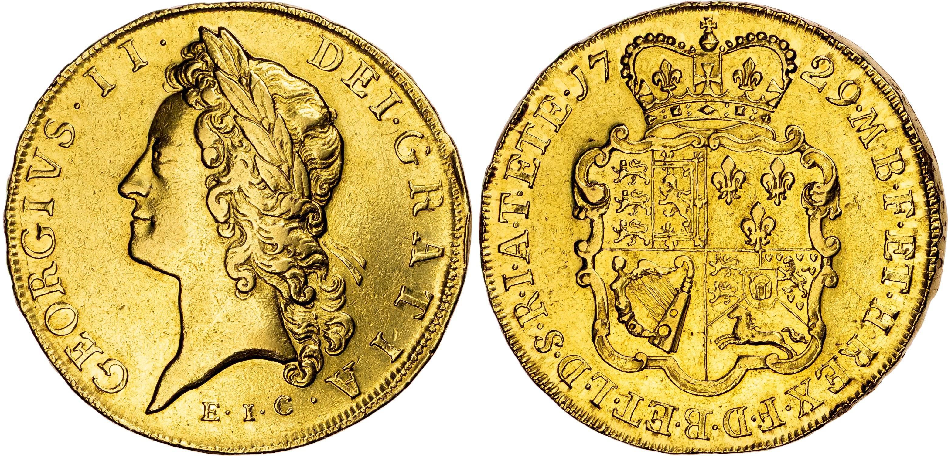 George II (1727-60), Five-Guineas, 1729 TERTIO, East India Company issue, large lettering.