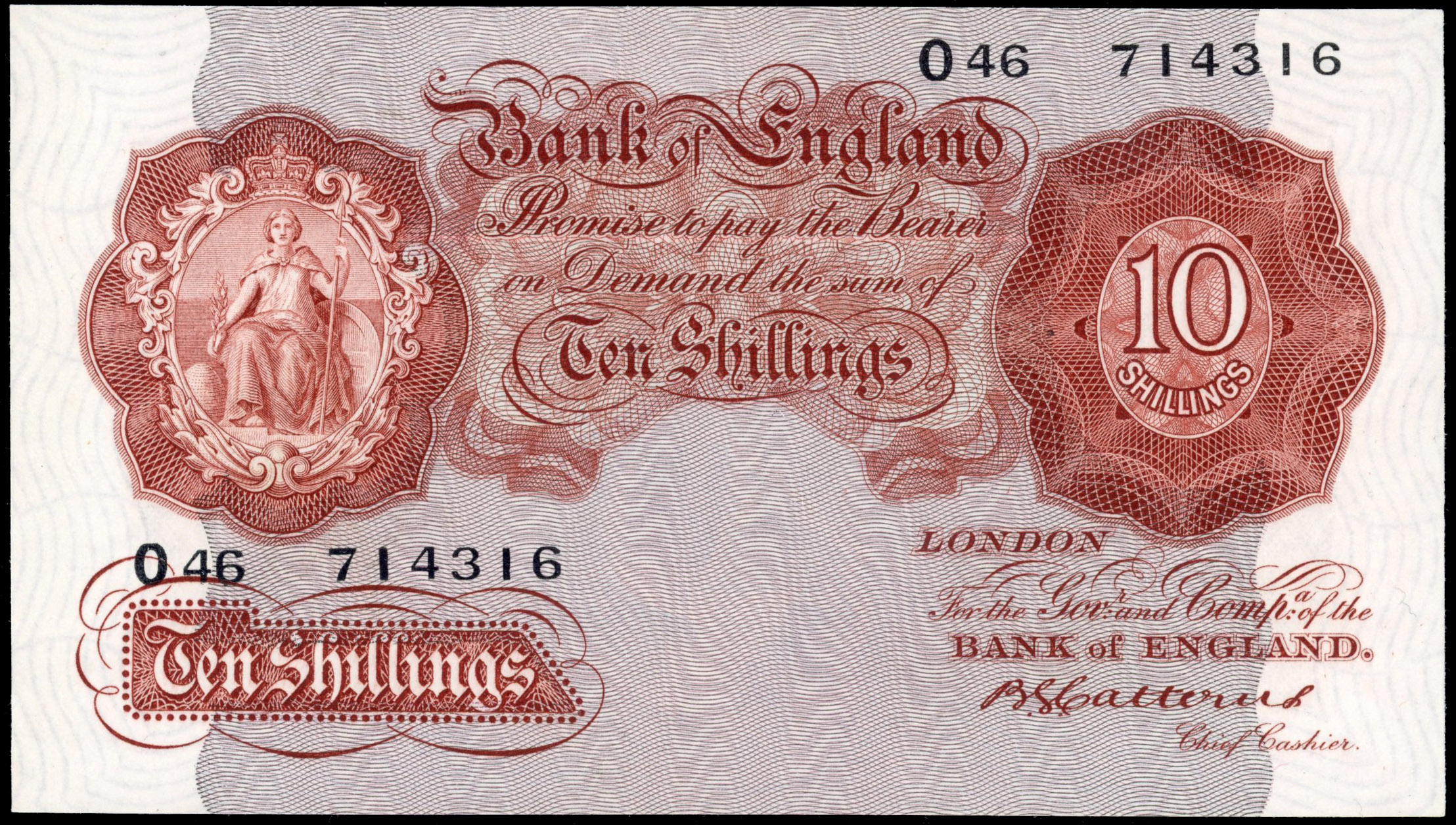 Bank of England, B G Catterns, Ten Shillings, Jul. 1930, O46 714316, (Dugg. B223). Good Extremely Fine.…