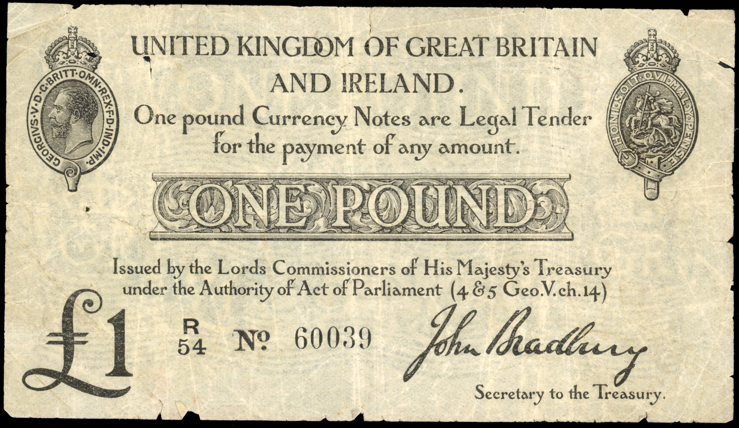 Treasury, J. Bradbury, (second issue), One Pound, Oct. 1914, R/54 60039, (Dugg. T11-1). Several crease marks v…
