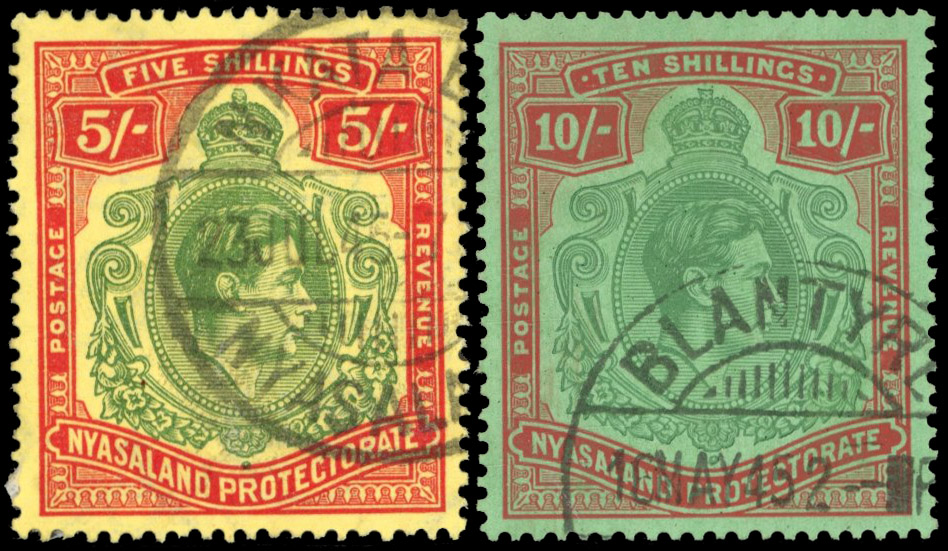 Nyasaland SG 141a, 142a 5/- and 10/- ordinary papers used