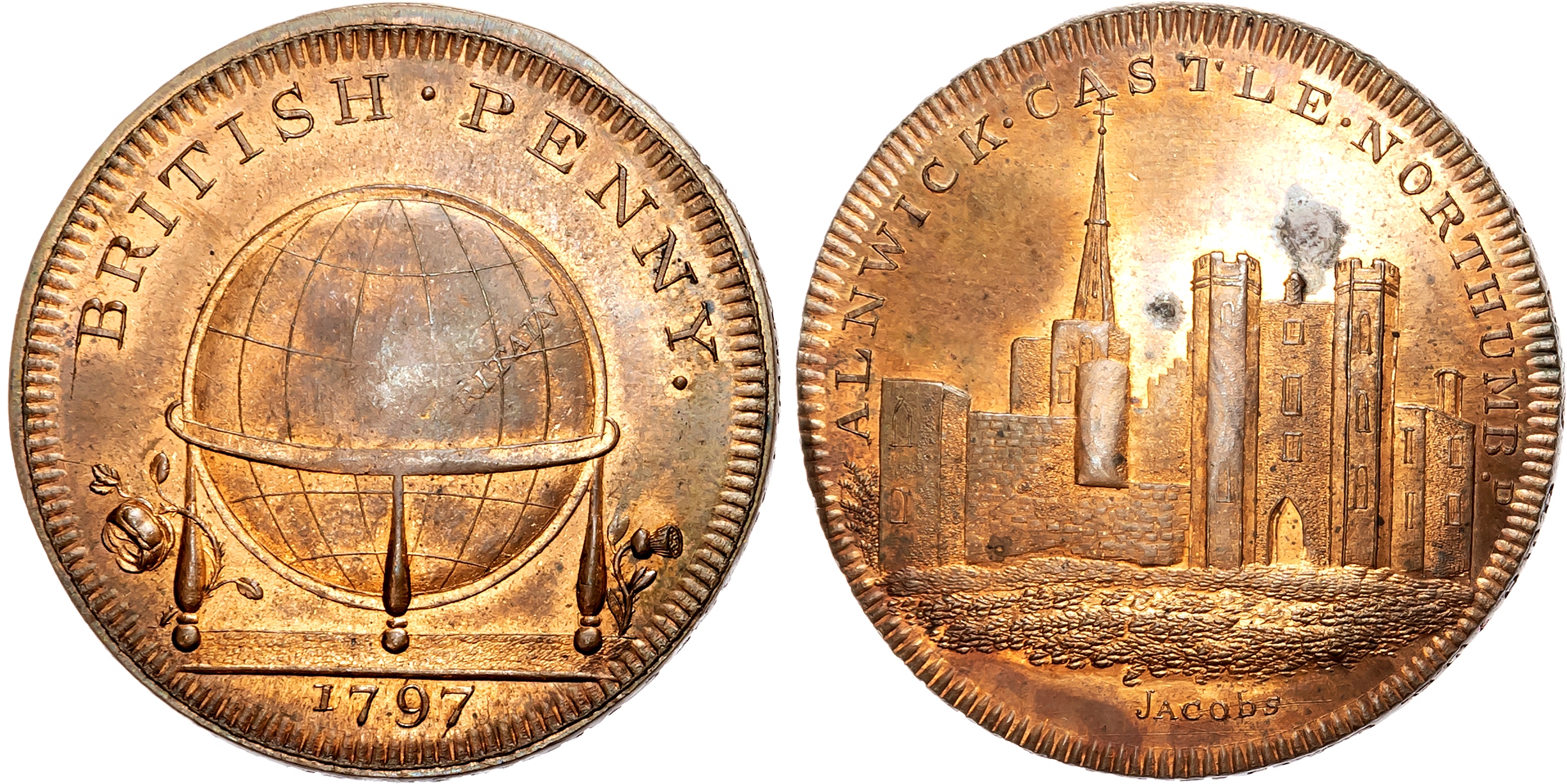 Northumb. Alnwick,  Skidmore’s  Globe Series ‘British’ Penny 1797, View of Alnwick Castle, Northumb., rev . Globe betwee …
