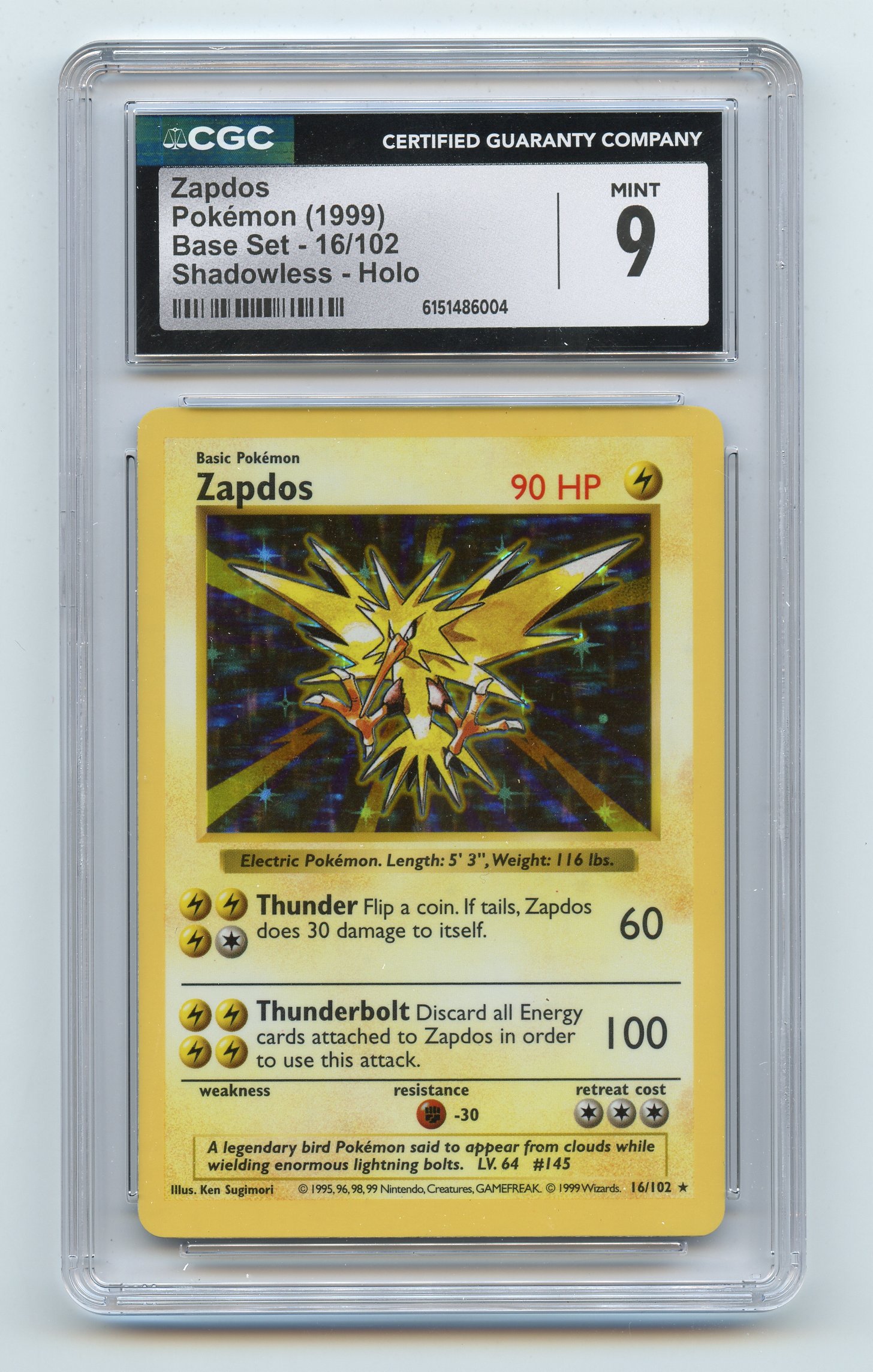 CGC 9 Zapdos #16 Shadowless Holo Base Set