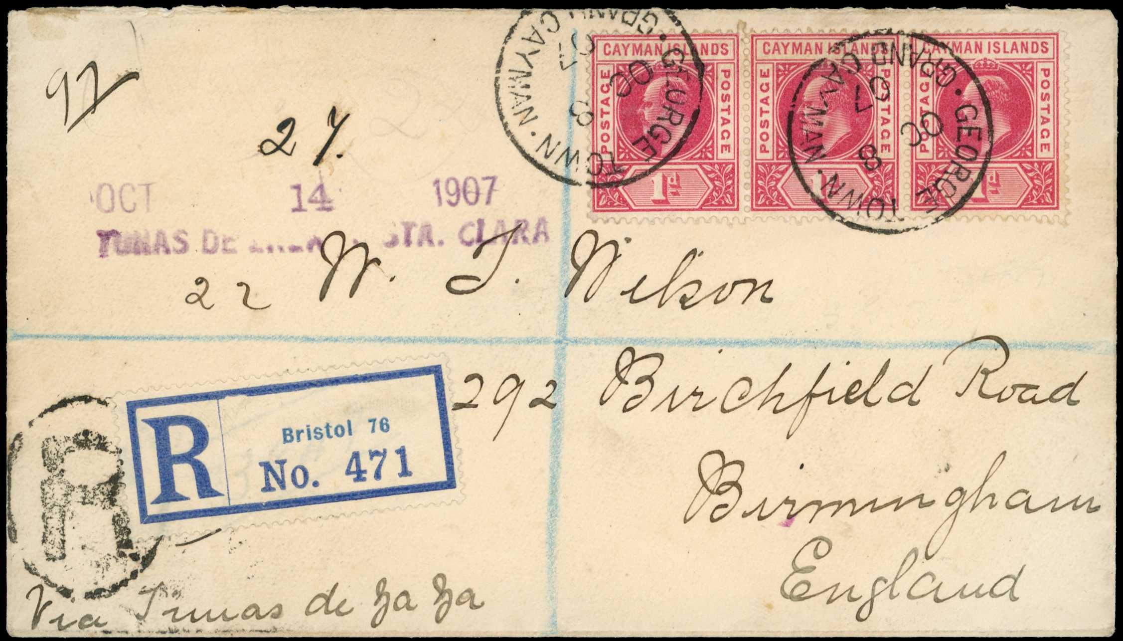 1907 Registered cover franked with three 1d...