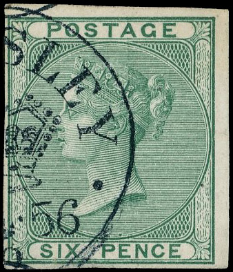 1856 6d Lilac plate proof. Very fine imperforate example printed in green on thin white unwatermarked card, cancelled by…