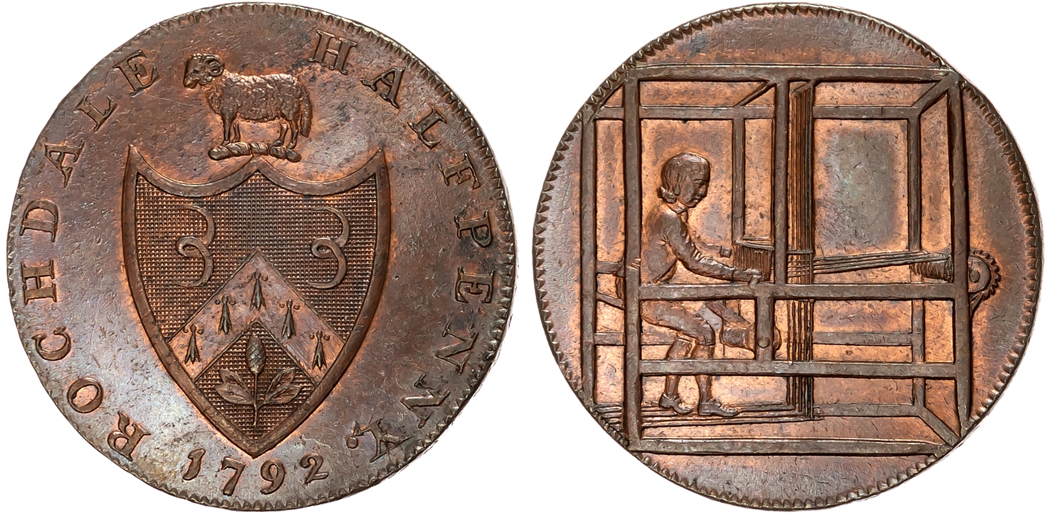 Lancs. Rochdale, John Kershaw Halfpenny 1792, Weaver in a box-loom, rev. arms of Rochdale, edge PAYABLE AT THE WAREHOUS …