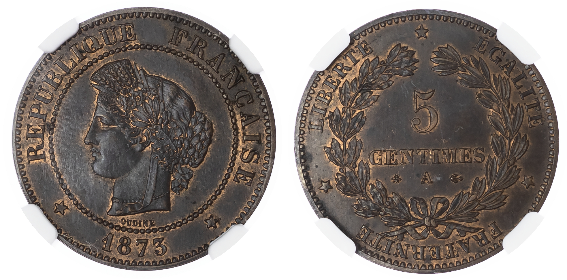 France, Third Republic. Marianne CU 5 Centimes. 1873A.