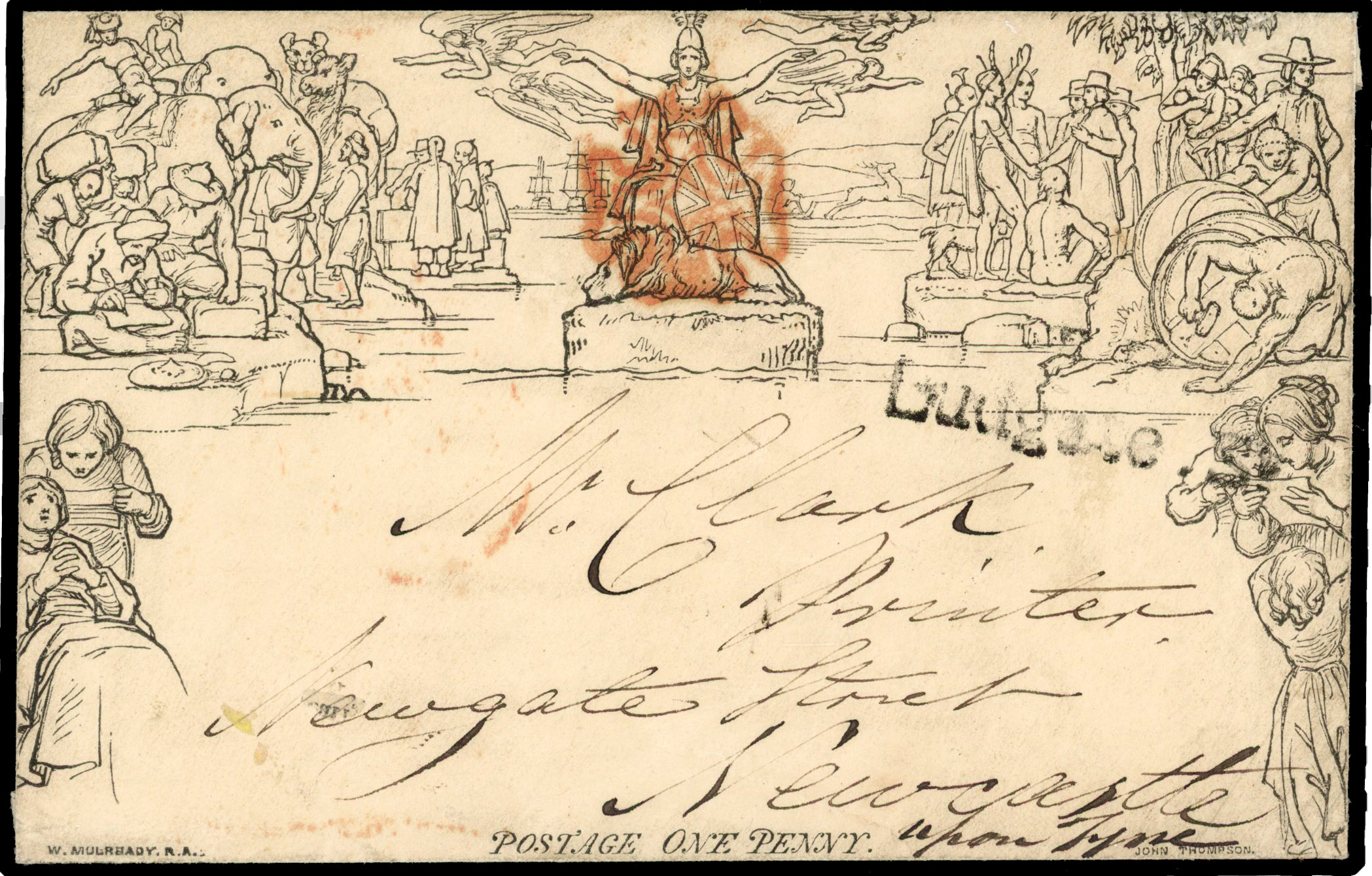 1840 Mulready 1d envelope, cancelled red MC with straight line ‘LUDGATE St.’ in black below, opening faults