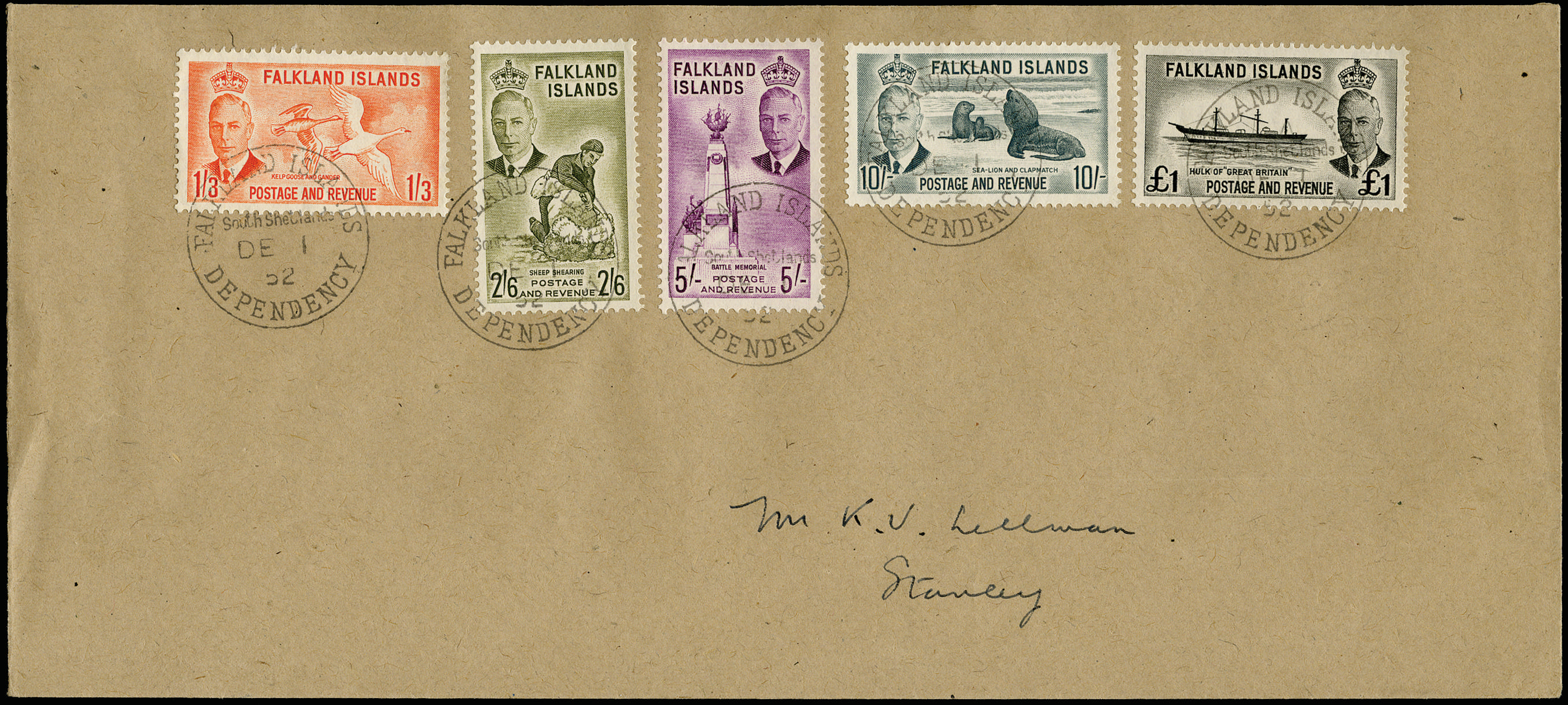 Falkland Islands Dependencies 1952 Cover bearing KGVI 1s3d to £1 South Shetlands SG Z163/Z167.
