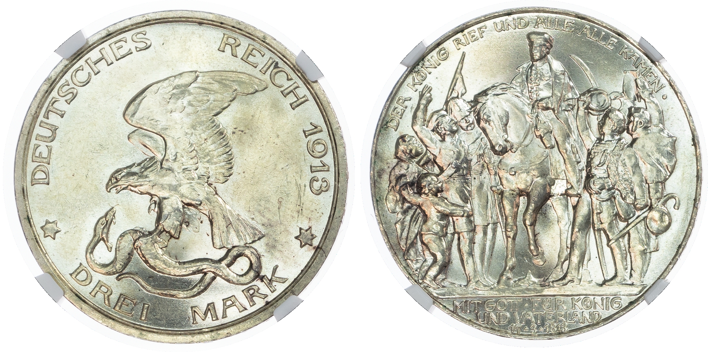 Germany, States, Prussia. Defeat of Napoleon AR 3 Marks. 1913A. 