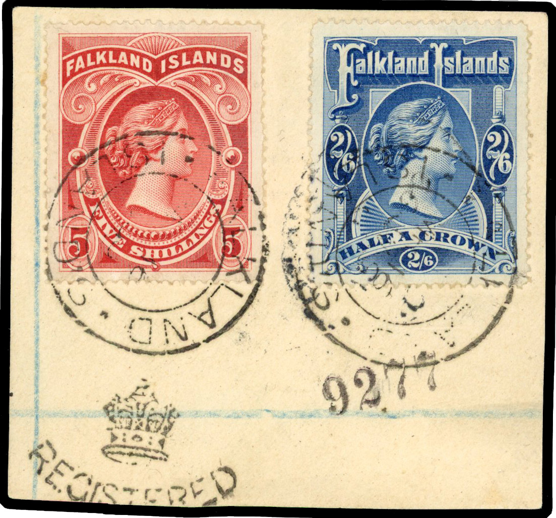 1898 2s6d blue and 5s red, tied to small piece