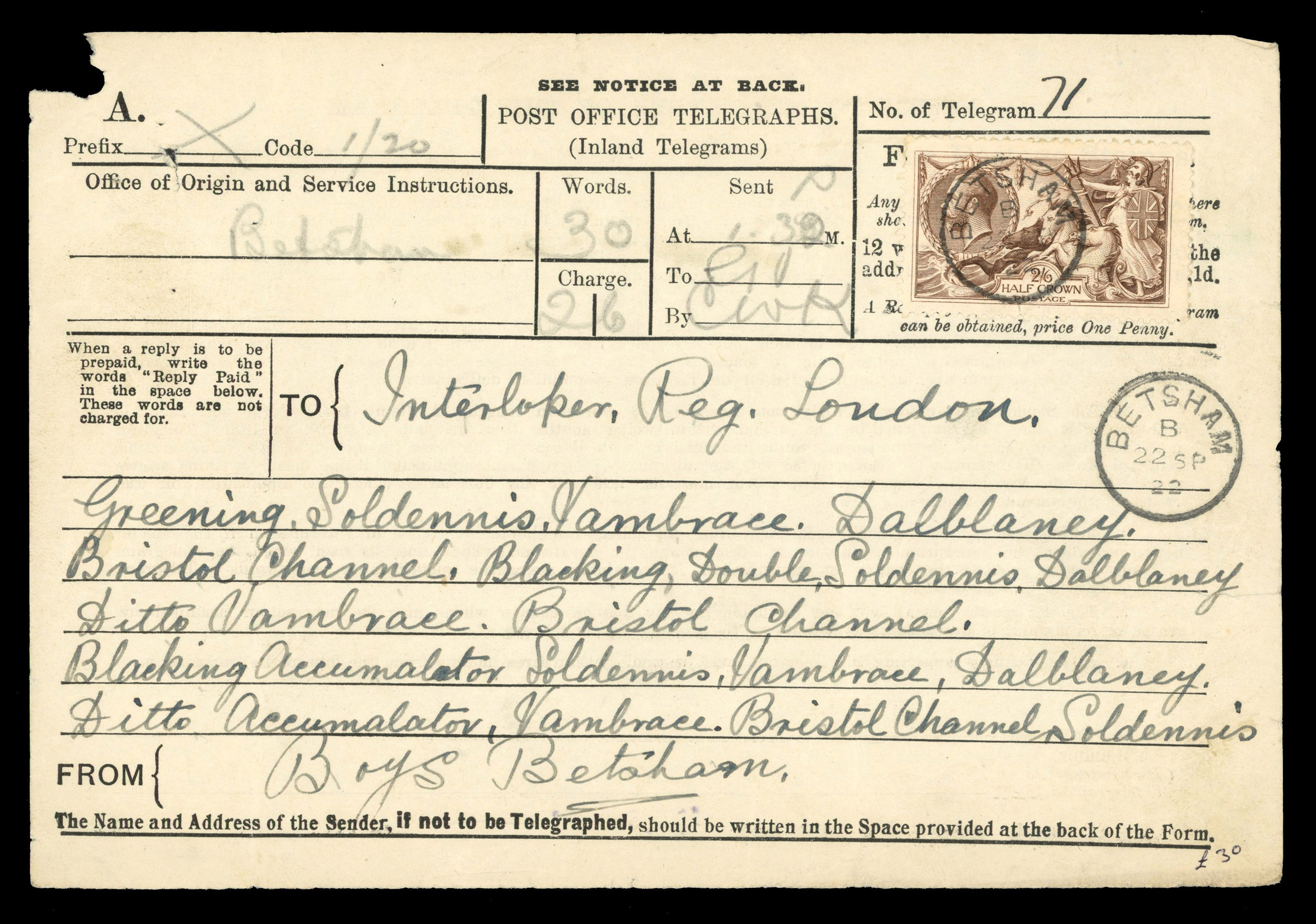 GB TELEGRAPHS: 1922 and 1925 forms 1918/9 2s6d tied by ‘BETSHAM/B/22 SP 22’ and ‘STOTFOLD/1030AM/18 MY/1925’ cds respectively