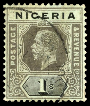 Nigeria 1914-29 1s black on blue-green paper (pale olive back), with variety watermark inverted, SG 8dw