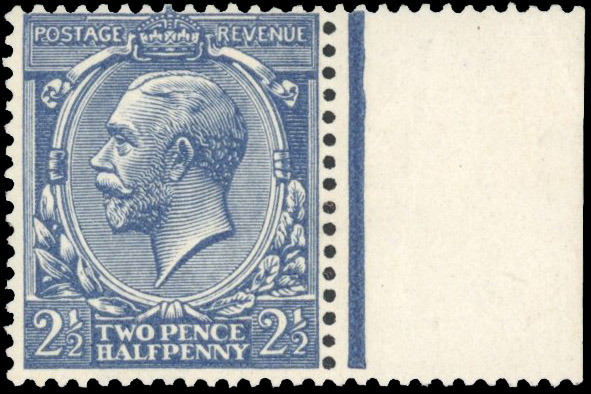 GB: 1912-24 Royal Cypher 2½d indigo-blue, mint unmounted og right marginal example