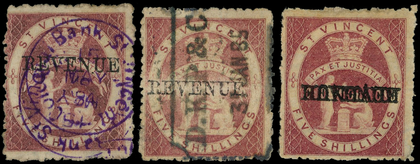 St Vincent Revenue 5s rose red overprint DOUBLE ONE INVERTED & 2 used