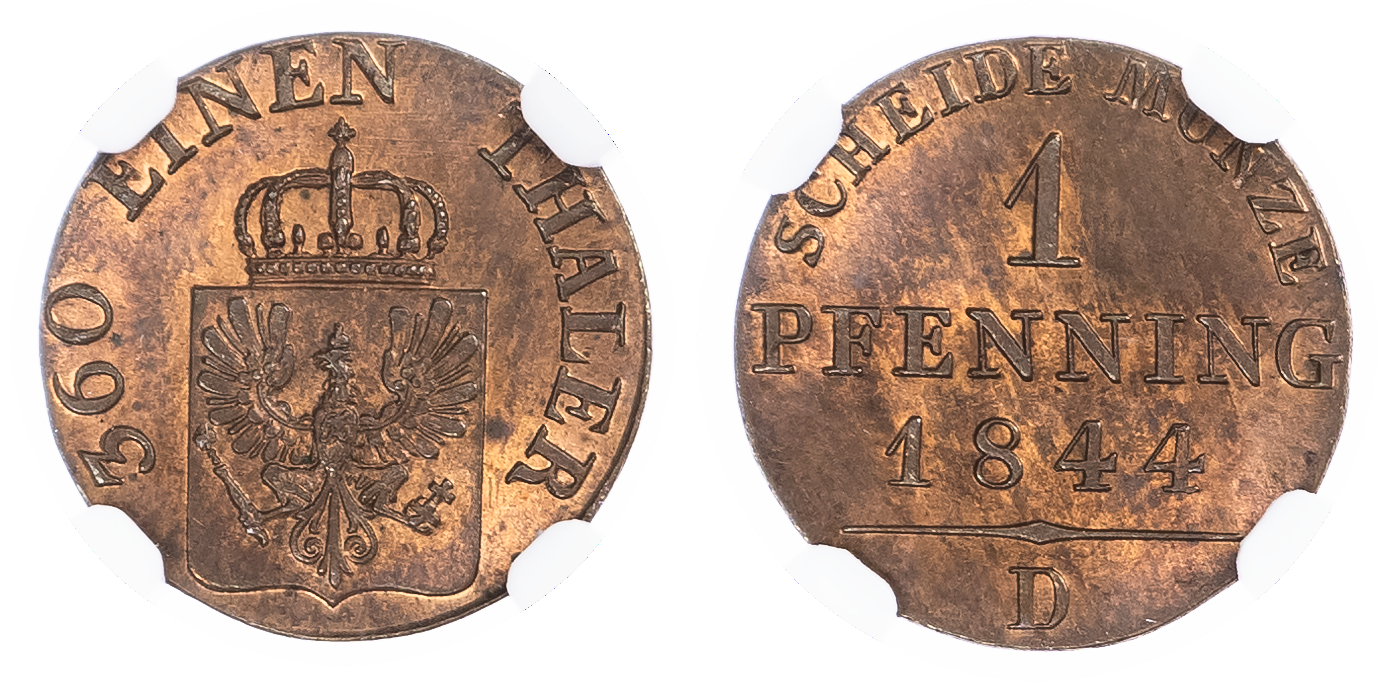 Germany, States, Prussia. Frederick William IV CU 1 Pfenning. 1844D. 