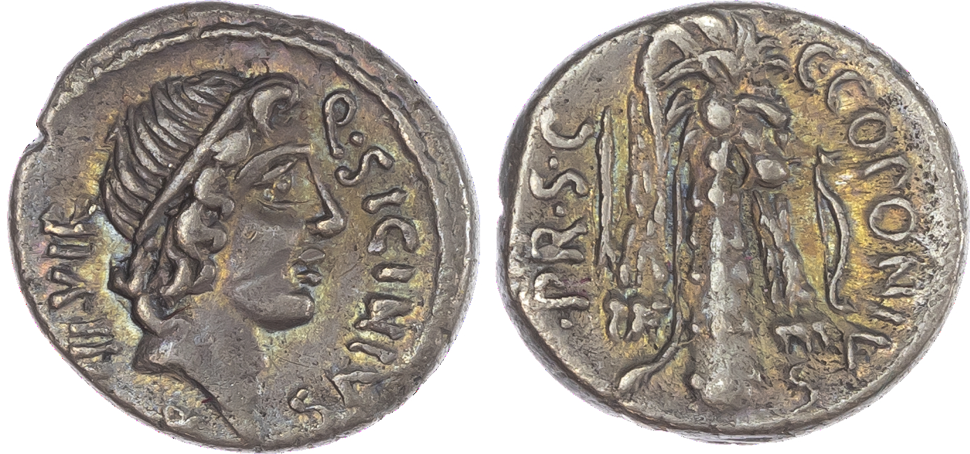 Q. Sicinius and C. Coponius (49 BC) AR Denarius, military mint moving with Pompey, 3.92g. Q•SICINIVS – III•VIR, diademed