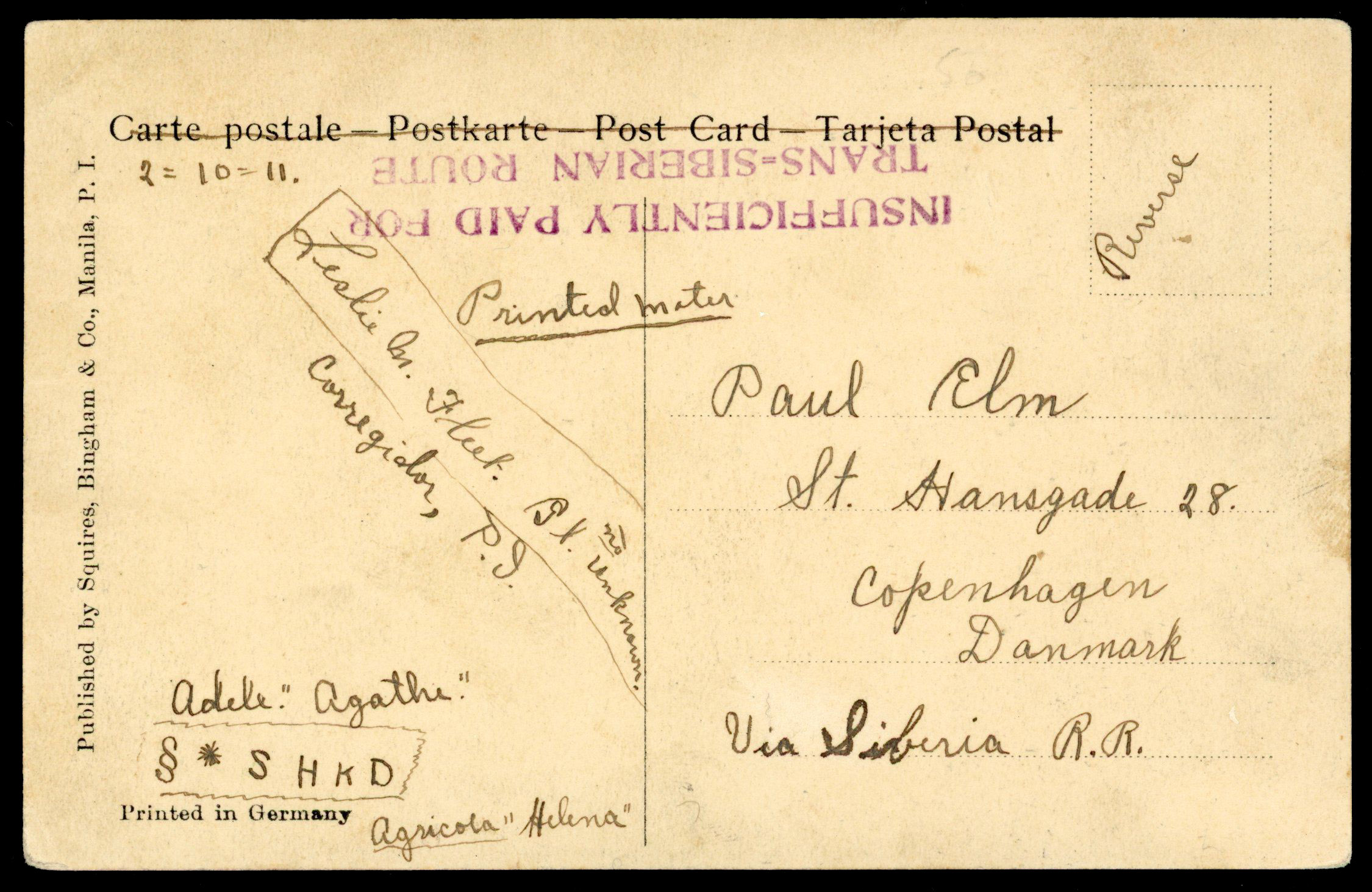 POSTAL HISTORY: 1911  incoming ppc from Manila franked 2c and 4c on picture side tied “FEB 10 1911/MANILA”