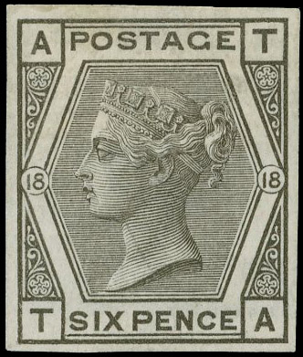 1880 6d Grey Pl.18 (Wmk. Spray). Very fine unused o.g. imperforate imprimatur lettered TA. Scarce one of only 22 possibl…