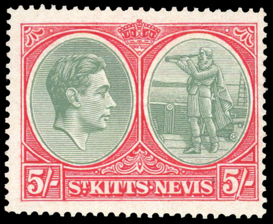 St Kitts-Nevis SG 77ab 1941 5/- framebreak mint
