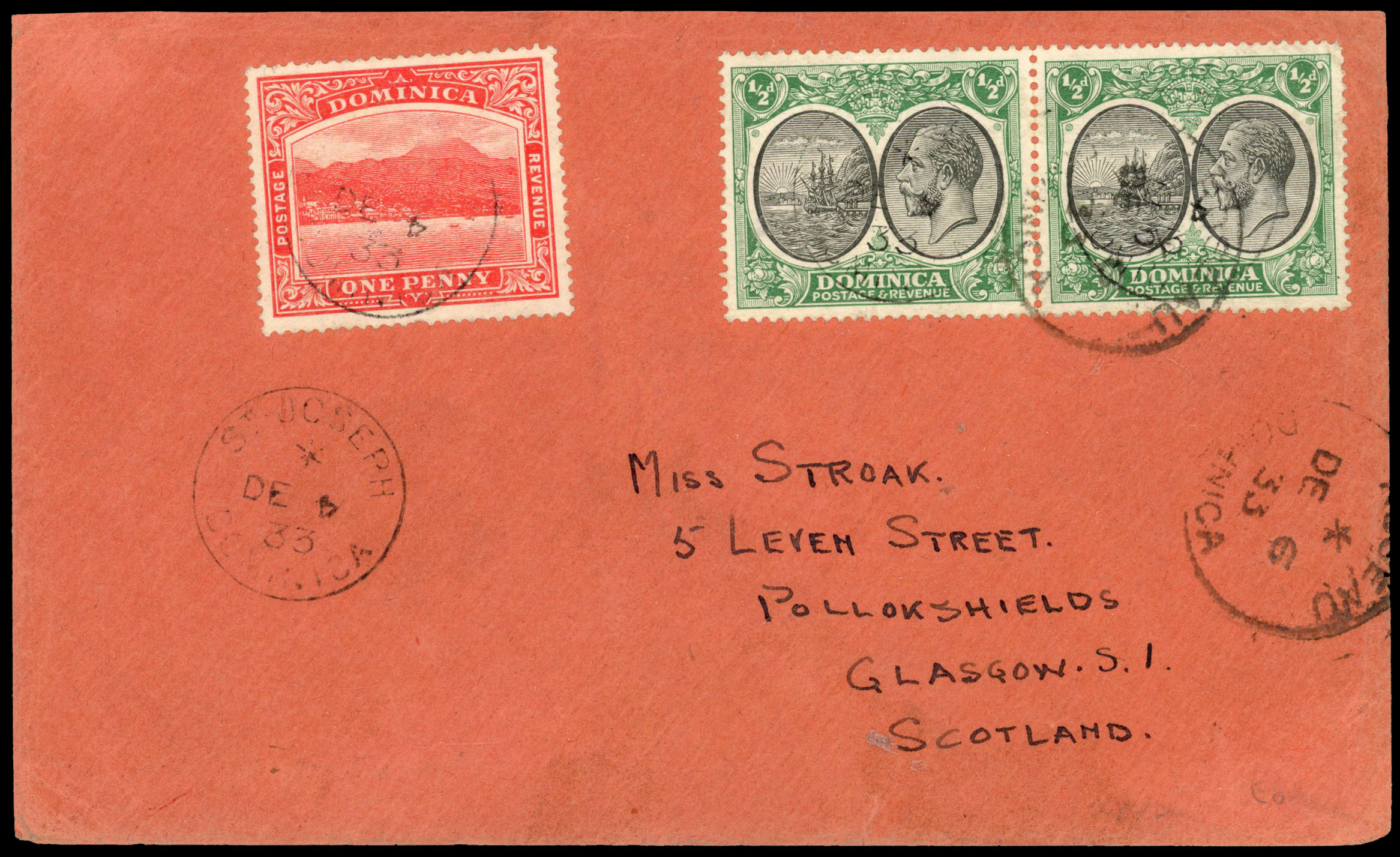 1933 cover to Scotland with ½ pair and 1d tied ‘ST JOSEPH’S/DE 4 33' cds with additional strike below left