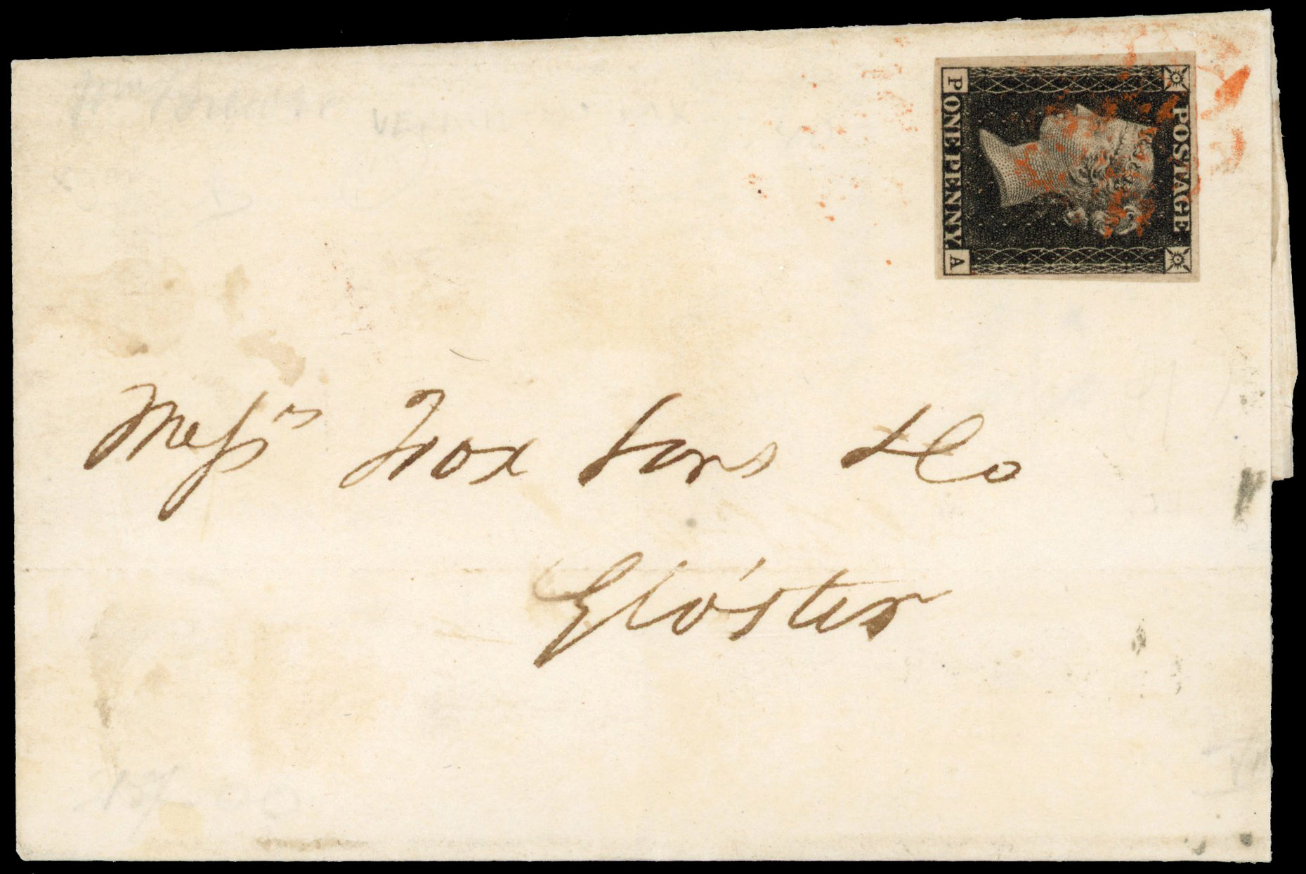 1840 1d black Plate 7 (PA). Wrapper sent from Bristol to Gloucester, vermilion MC