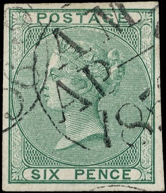 1856 6d Green Imperforate plate proof trial cancellation.