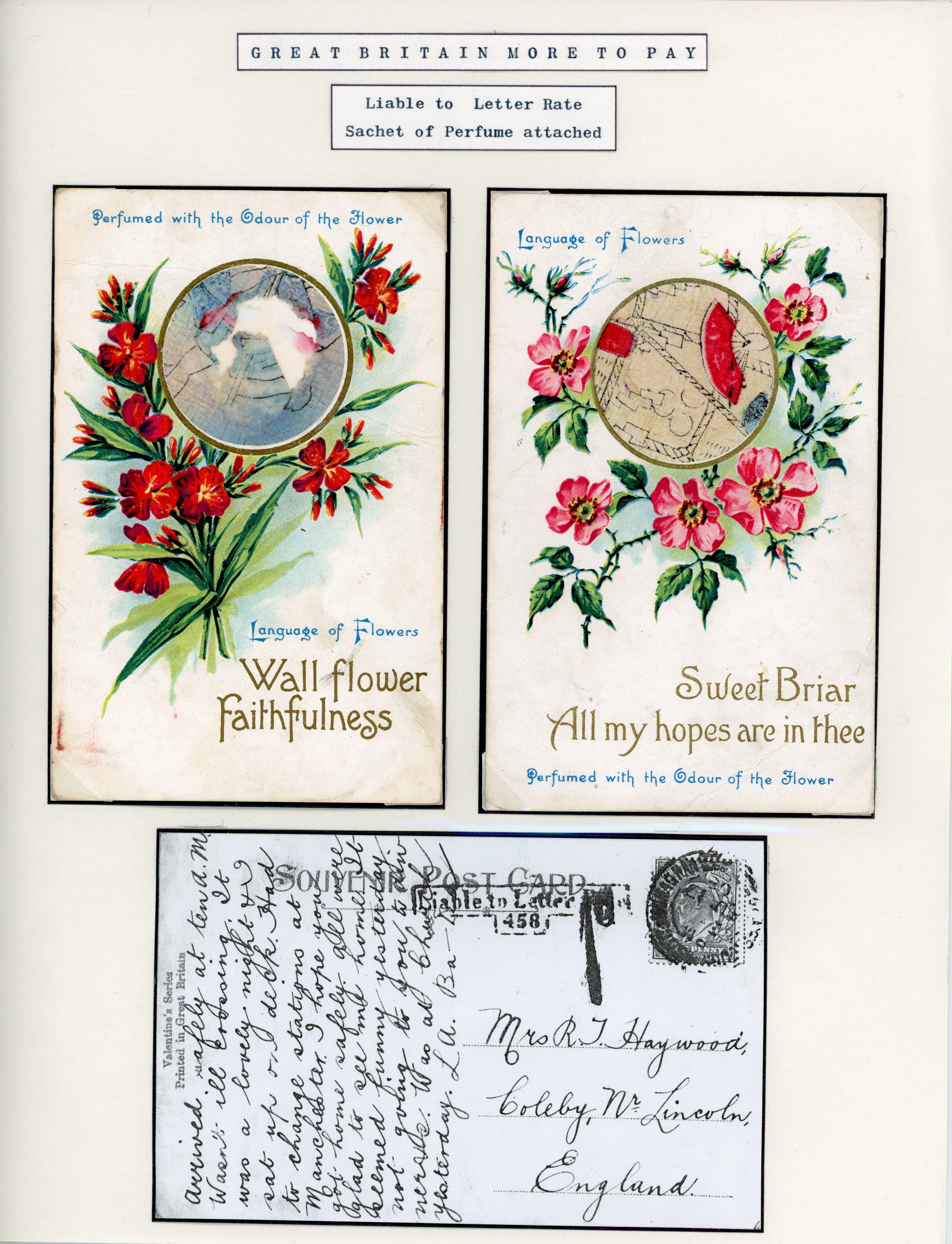 Great Britain 1907-08 pair of novelty postcards with perfume sachets attached