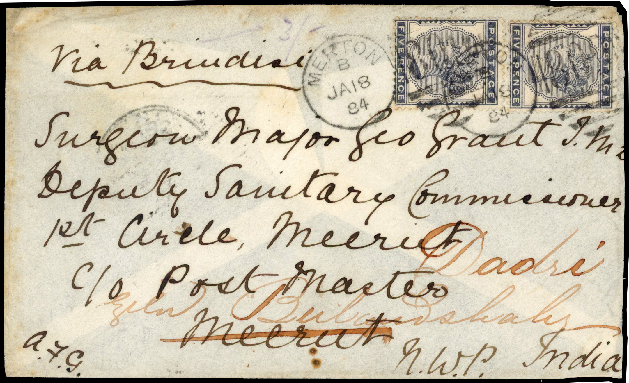 1884 (18 Jan) envelope to Meerut, India, re-addressed to Bulandshahr